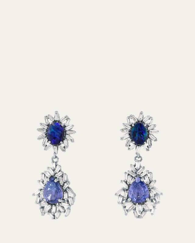 18K White Gold One Of A Kind Diamond Baguette Drop Earrings with Opals and Blue Sapphires